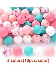 50 peças 15mm Silicone Contas Espaçadoras Redondas, Contas de Borracha com Estampa de Flores para Fazer Chaveiro Pulseira Colar Acessórios DIY