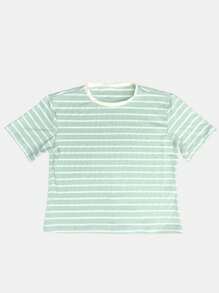 K&K FASHION SHEIN Basic Striped T-Shirt Blouse - Green Water - View 3