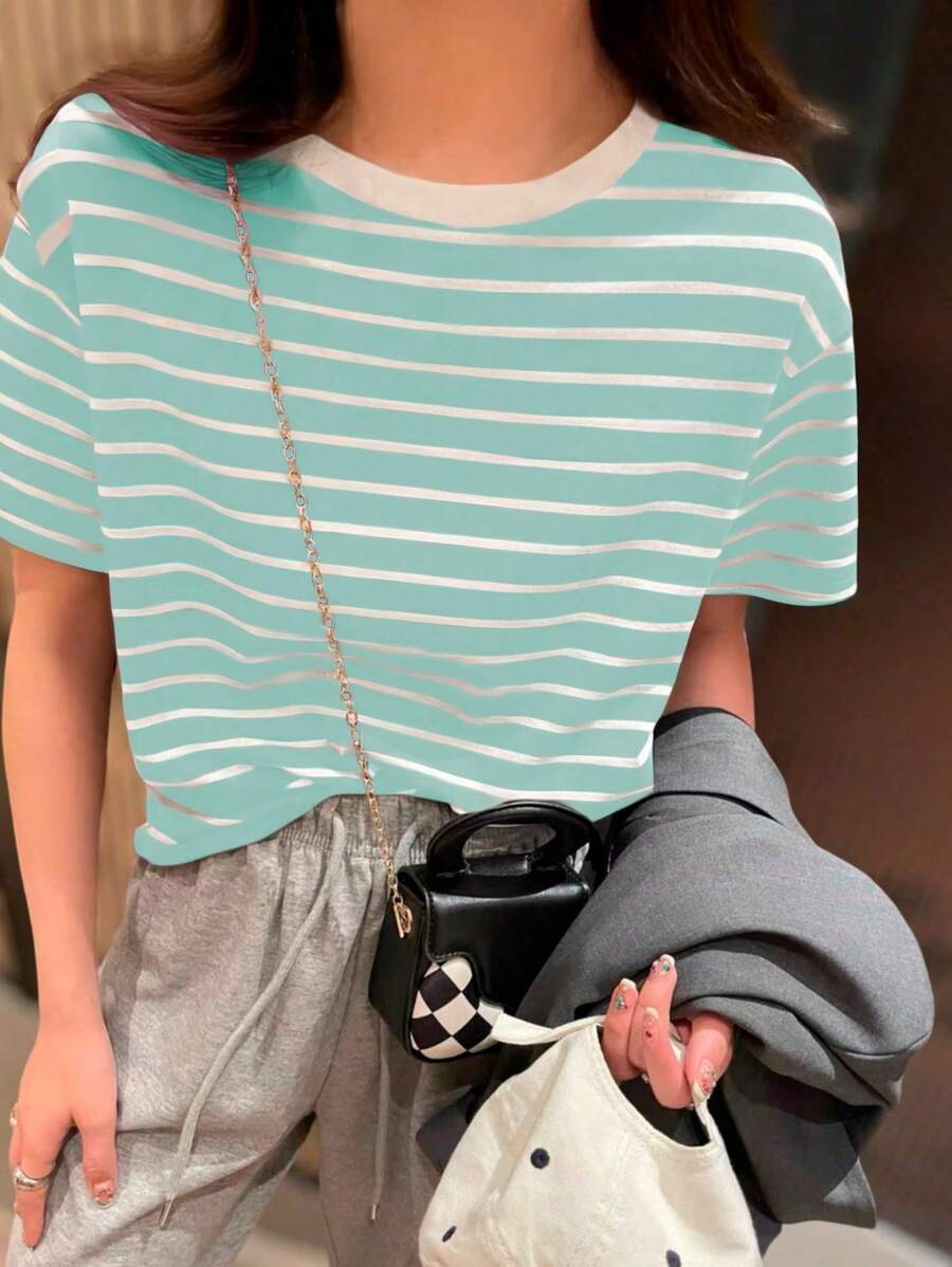 K&K FASHION SHEIN Basic Striped T-Shirt Blouse - Green Water - View 1