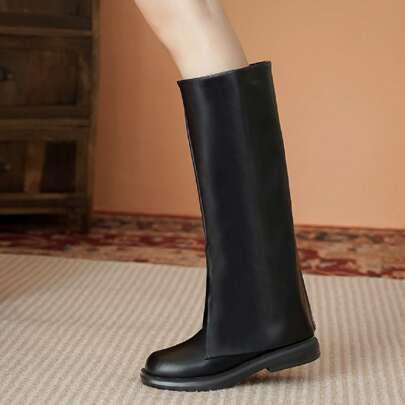 Women's Knee High Boots, Square Toe, Flat, Personalized Sweet Rider Boots For Winter, Slimming