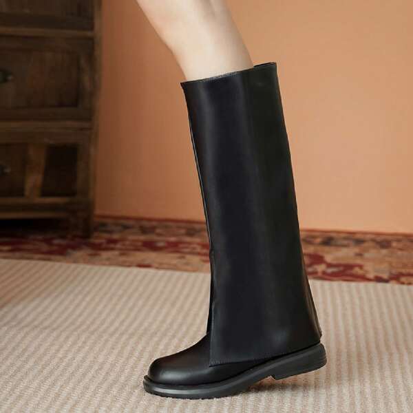 Women's Knee High Boots, Square Toe, Flat, Personality Sweet Rider Boots For Winter, Slimming