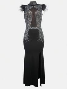 Women's Black Sleeveless Stand Collar Long Prom Dress With Semi-Sheer Mesh And Contrast Sequin Details For Party,Hot Stamping High Slit Waist Cinching Dress,Halloween Costume ,Women Christmas Dress,Autumn Women,Winter Dress Women,Matric Dance Black Dresses,Sequin Dress