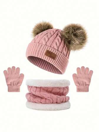 Conjunto de 3 piezas de gorro de punto acrílico cálido con pompón, bufanda y guantes para niños de 3 a 8 años, adecuado para uso diario de niños y niñas