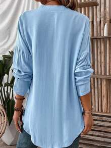 女式宽松 V 领落肩长袖弧形下摆 T 恤，秋冬季 - 藍色 - 查看 2