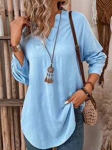 女式宽松 V 领落肩长袖弧形下摆 T 恤，秋冬季 - 藍色 - 查看 3
