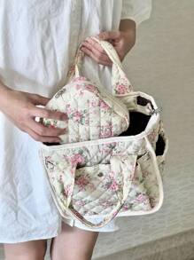 Multifunctional Quilted Floral Handbag For Women - Cute Coquette Aesthetic, Crossbody Bag For Daily Casual Use And Outdoor Travel - 粉紅花2件套 - 查看 2