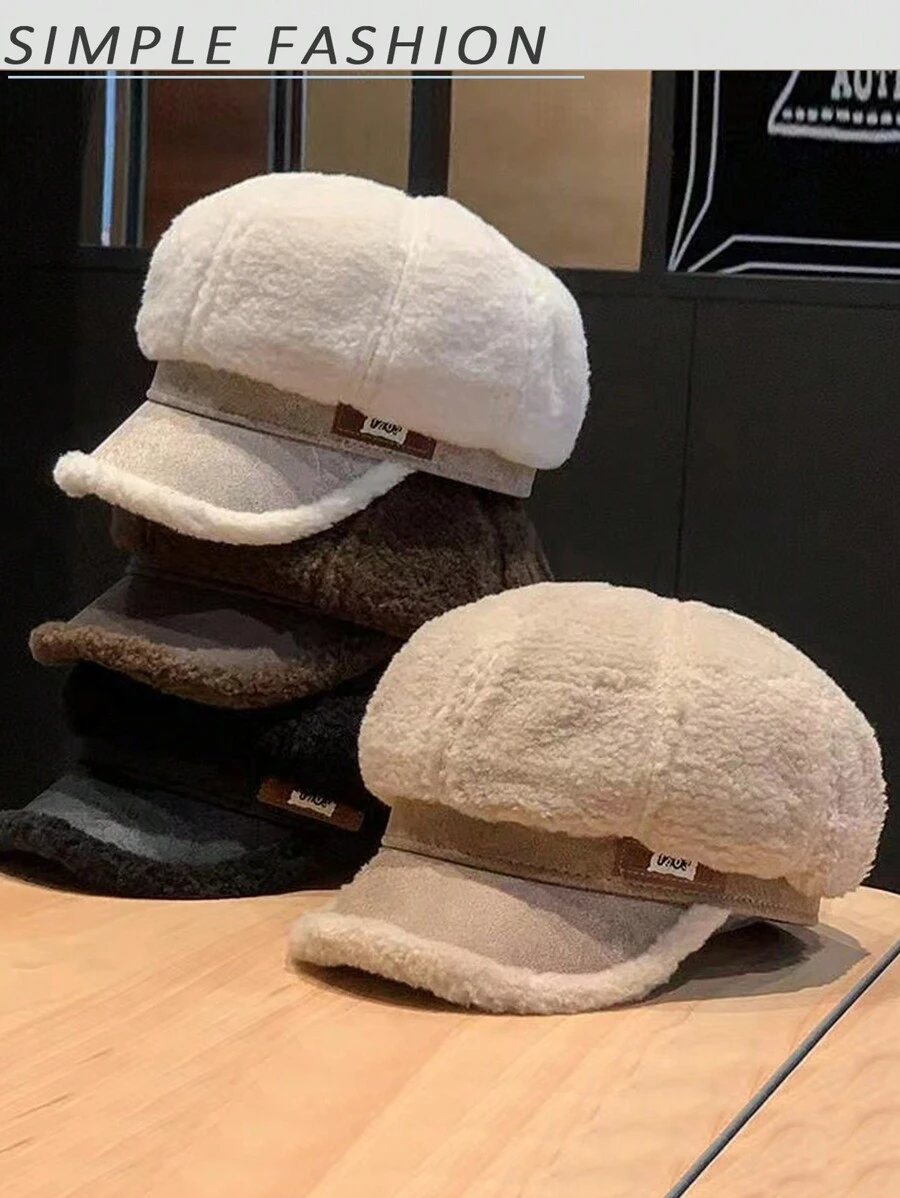 1 件装女士韩版秋季仿羊毛八角帽，保暖内衬厚冬季保暖棒球帽，休闲日常使用 - 彩色 - 查看 1