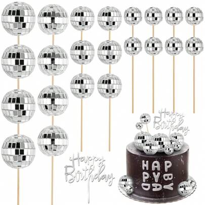 13PCS/25PCS/31PCS, Disco Ball Cake Toppers, Happy Birthday Disco Ball Cupcake Topper Mirror Disco Ball Cake Picks Disco Ball Centerpiece Theme Decorations For 70s Disco Party Favor