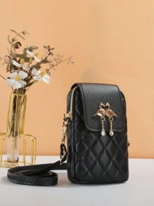 Fashion Rhombus Embroidery Herringbone Strap Double Eagle Gold Hardware Women Shoulder Bag/Crossbody Bag, Fits Smartphone & Camera - Black - View 4