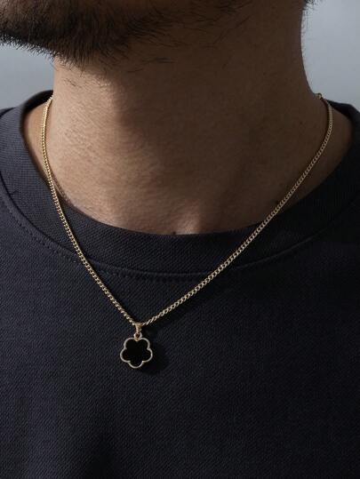 1pc Men's Fashion Black Lucky Four-Leaf Clover Pendant Necklace, Great Gift For Dating Valentines