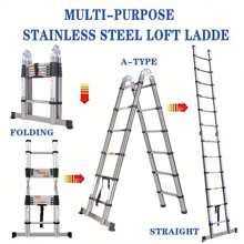 12.5FT (1.9+1.9M) Portable Multi-Purpose Folding A-Frame Ladder With Support Bar Anti-Slip, Stainless Steel Lightweight 330lb Load Telescopic RV Ladder For Outdoor Working Household Use - Grey - View 2