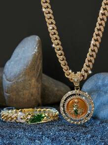 3 件时尚吊坠项链套装，St. Jude 旋转大硬币吊坠项链和手链套装，磨砂闪亮方晶锆石首饰，男女皆宜的节日礼物 - 珠寶套裝 - 查看 5