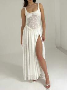 细肩带长款派对礼服白色优雅舞会半正式婚礼宾客礼服，适合生日、毕业典礼、返校节 - 白色 - 查看 1