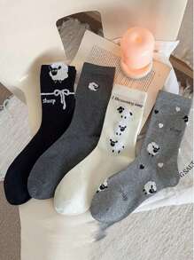 4 Pairs Ladies Cute Cartoon Sheep Pattern Casual Crew Socks