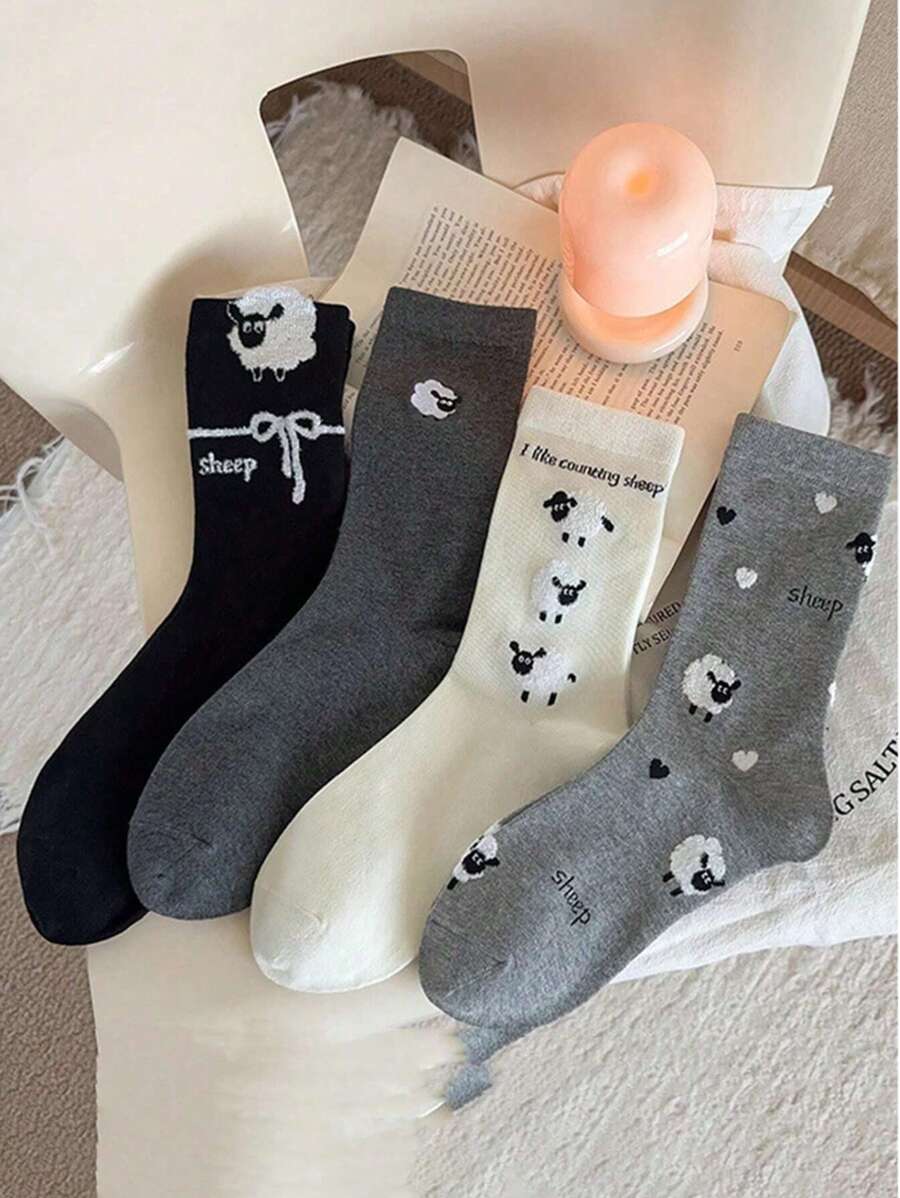 4 Pairs Ladies Cute Cartoon Sheep Pattern Casual Crew Socks