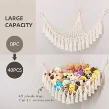 毛绒动物吊床角落挂网，配有木珠，花边编织毛绒动物收纳创意毛绒玩具收纳架，适用于波西米亚风格幼儿园游戏室卧室儿童房装饰（随机挂钩）