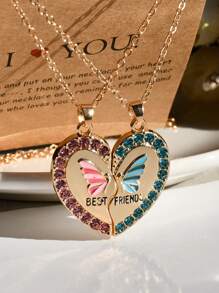 时尚流行心形蝴蝶吊坠项链颈链情侣款带卡片适合送礼 - 彩色 - 查看 4