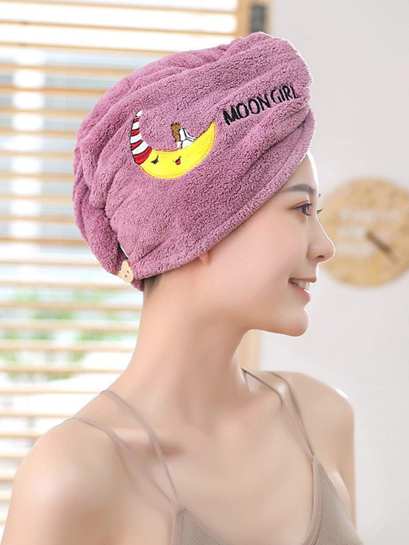 1pc Purple Cute Cartoon Embroidered Coral Velvet Female Dry Hair Cap