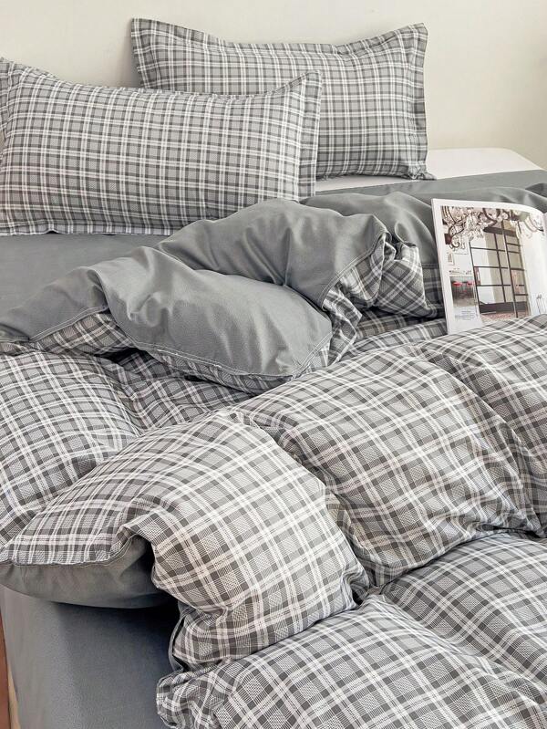 4 pièces Set de literie à carreaux (1 housse de couette, 2 taies d'oreiller, 1 drap plat), style minimaliste moderne, doux pour la peau et confortable sans rembourrage, convient pour un lit une/deux places, pour toutes les saisons