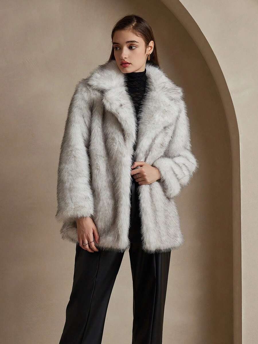 ZIAI Fluffy Collar Loose Cardigan, Autumn/Winter Fashion - Light Grey - View 1