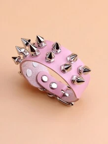 1pc Minimalist Double Row Spike Studded Punk Style PU Leather Bracelet - Pink - View 1