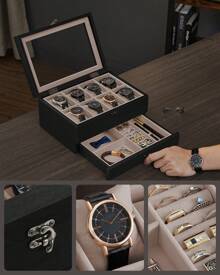 SONGMICS 8-Slot Watch Box, 2-Tier Watch Display Case With Large Glass Lid, Removable Watch Pillows, Velvet Lining, Jewelry Box, Gift Idea - Black - View 5