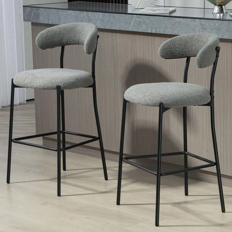26'' Counter Height Bar Stools Teddy Fabric Cover Kitchen Island Counter Bar Stool With Black Powder Coating Base And Footrest(Grey) - 灰色 - 查看 1