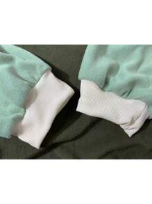 大码女式圆领落肩长袖休闲宽松拼色运动衫，秋冬 - 綠色 - 查看 6