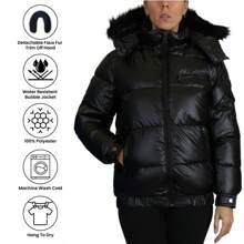 Womens Full Zip Heavyweight Bubble Jacket With Detachable Fur Hood - Black - View 7