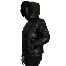 Womens Full Zip Heavyweight Bubble Jacket With Detachable Fur Hood - Black - View 4