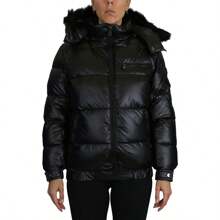 Womens Full Zip Heavyweight Bubble Jacket With Detachable Fur Hood - Black - View 2