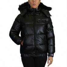 Womens Full Zip Heavyweight Bubble Jacket With Detachable Fur Hood - Black - View 3