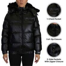 Womens Full Zip Heavyweight Bubble Jacket With Detachable Fur Hood - Black - View 6