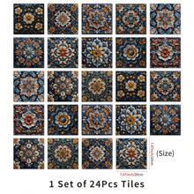 24pcs Mandala Tile Stickers Set, Self-Adhesive Waterproof Removable Wall Decals, Vintage Floral Decor For Bathroom And Kitchen, Artistic Wallpapers For Room Decoration, Plastic Material