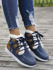 Women Fall Lace-Up Warm Flat Ankle Boots, Fashionable Casual Winter Shoes