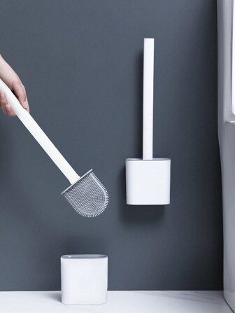1/2pcs No Drill Wall-Mounted TPR Toilet Brush, Minimalist White Long Handle Soft Rubber Cleaner For Toilet, Reach All Areas Bathroom Decor Fall Decor
