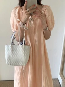韩版时尚夏季女式甜美休闲风格圆领单排扣褶皱宽松泡泡袖连衣裙，少女风格 - 粉色 - 查看 2