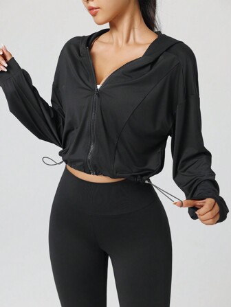 Women Drawstring Hem Hooded Activewear Jacket, Casual Short Zip-Up Sports Fitness Yoga Outerwear