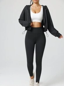 Women Drawstring Hem Hooded Activewear Jacket, Casual Short Zip-Up Sports Fitness Yoga Outerwear