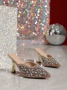 Giày cao gót mũi nhọn đính đá Rhinestone thời trang mới cho nữ, thanh lịch cho mọi mùa, thích hợp để mặc hàng ngày và dự tiệc - Vàng - Xem 4