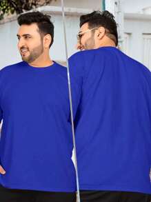 Men's Plus Size Plain 100% Cotton Casual T-Shirt New Release - Xanh đậm - Xem 3