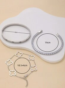 3pcs/Set Fashionable Luxury Zirconia Inlaid Clover Stainless Steel Bangle Bracelet Set For Women, Suitable For Daily Wear And Gift Valentines,Mom,Mother,Mother's Day,Gift