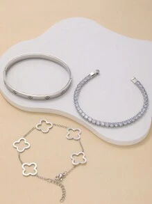 3pcs/Set Fashionable Luxury Zirconia Inlaid Clover Stainless Steel Bangle Bracelet Set For Women, Suitable For Daily Wear And Gift Valentines,Mom,Mother,Mother's Day,Gift