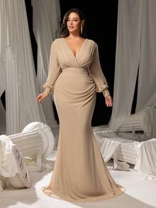 Faeriesty Curve Empowering Plus-Size V-Neck Evening Gown With Lantern Sleeves & Sculpted Mermaid Hem – Timeless Floor-Length Formal Dress For Weddings, Black-Tie Galas, Award Ceremonies, Opera Nights, And High-Profile Charity Events - Champagne - View 4