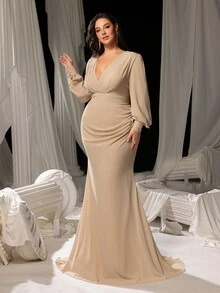Faeriesty Curve Empowering Plus-Size V-Neck Evening Gown With Lantern Sleeves & Sculpted Mermaid Hem – Timeless Floor-Length Formal Dress For Weddings, Black-Tie Galas, Award Ceremonies, Opera Nights, And High-Profile Charity Events - Champagne - View 6