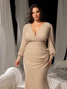 Faeriesty Curve Empowering Plus-Size V-Neck Evening Gown With Lantern Sleeves & Sculpted Mermaid Hem – Timeless Floor-Length Formal Dress For Weddings, Black-Tie Galas, Award Ceremonies, Opera Nights, And High-Profile Charity Events - Champagne - View 8