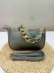Women's CrosBody Crossbody And Shoulder Bag, Detachable And Adjustable, With Silver And Gold Interlaced Detailing - màu xanh lá - Xem 3