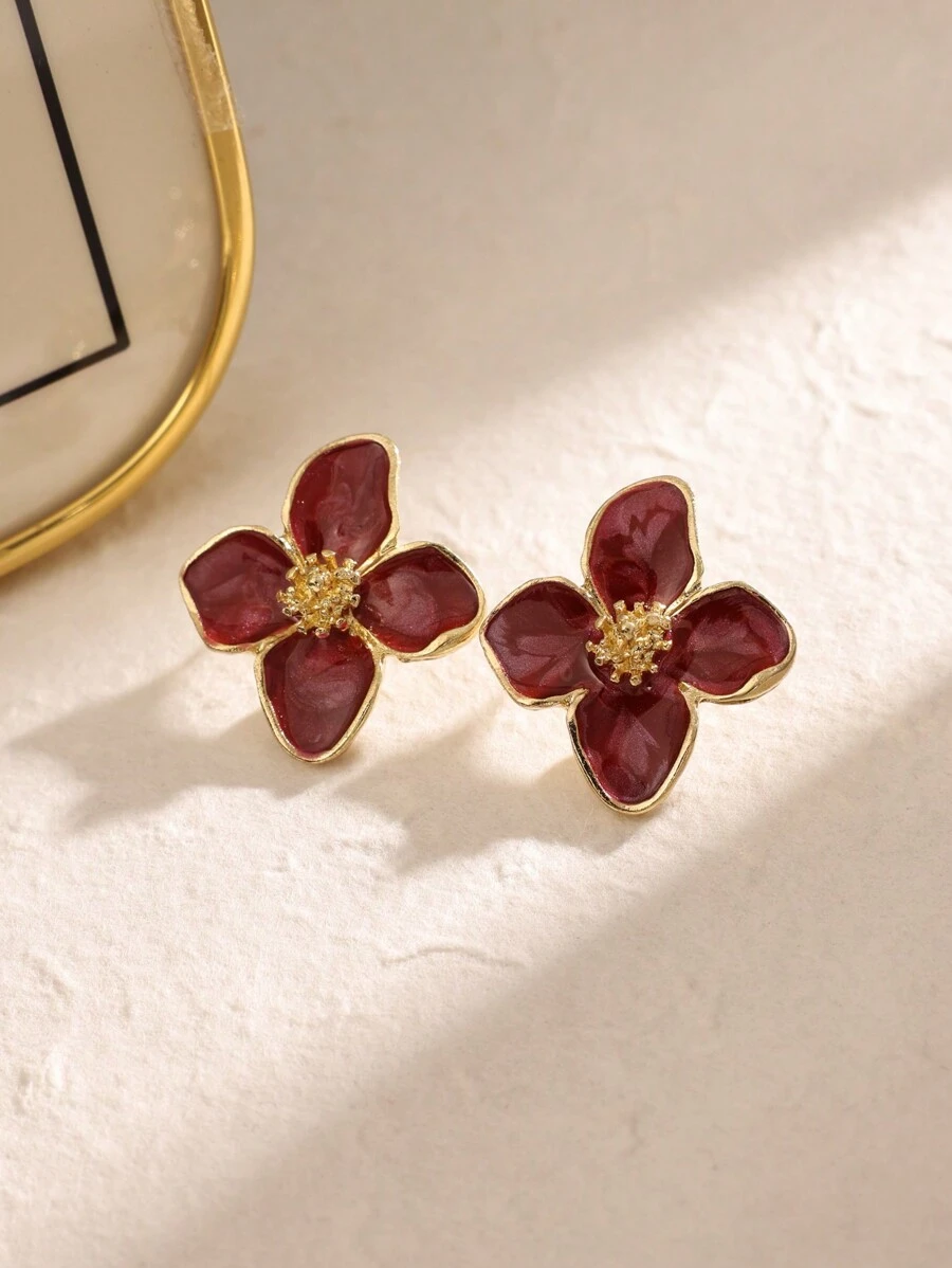 Khuyên tai hình hoa bằng hợp kim kẽm thời trang, phù hợp cho phụ nữ đeo hàng ngày, quà tặng cho Ngày Valentine, Ngày của Mẹ. - màu đỏ đậm - Xem 1