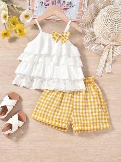 Vihyde 2pcs/Set Young Girl' Cute Ruffled Lace & Bow Strap Top And Shorts Holiday Outfit