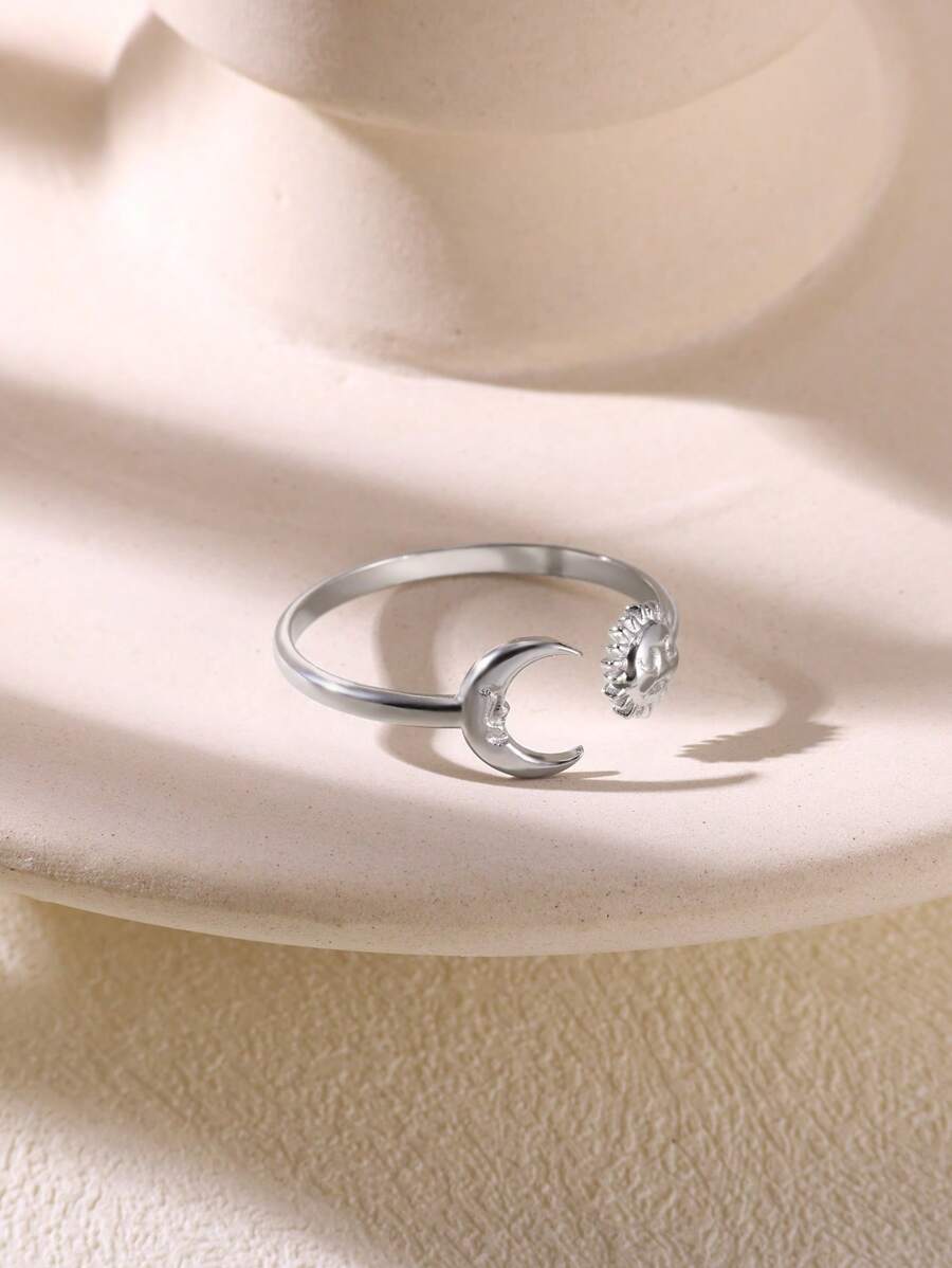 1pc Stainless Steel Sun And Moon Open Ring, Unisex Abstract Design - Silver - View 1